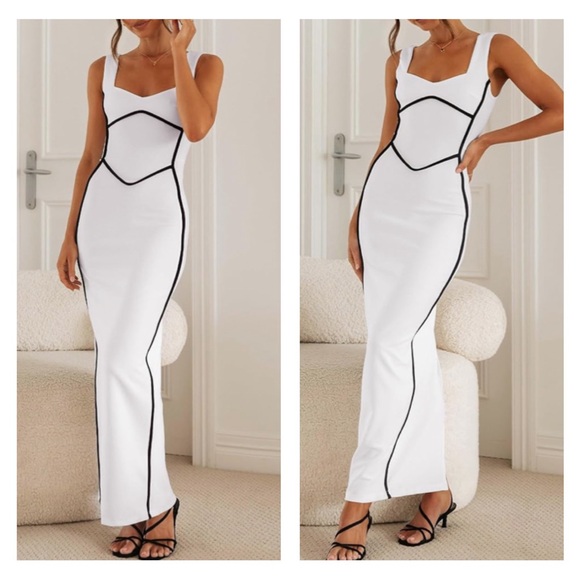 White & Black Sleeveless Square Neck BodyCon Maxi Dress - Picture 1 of 2